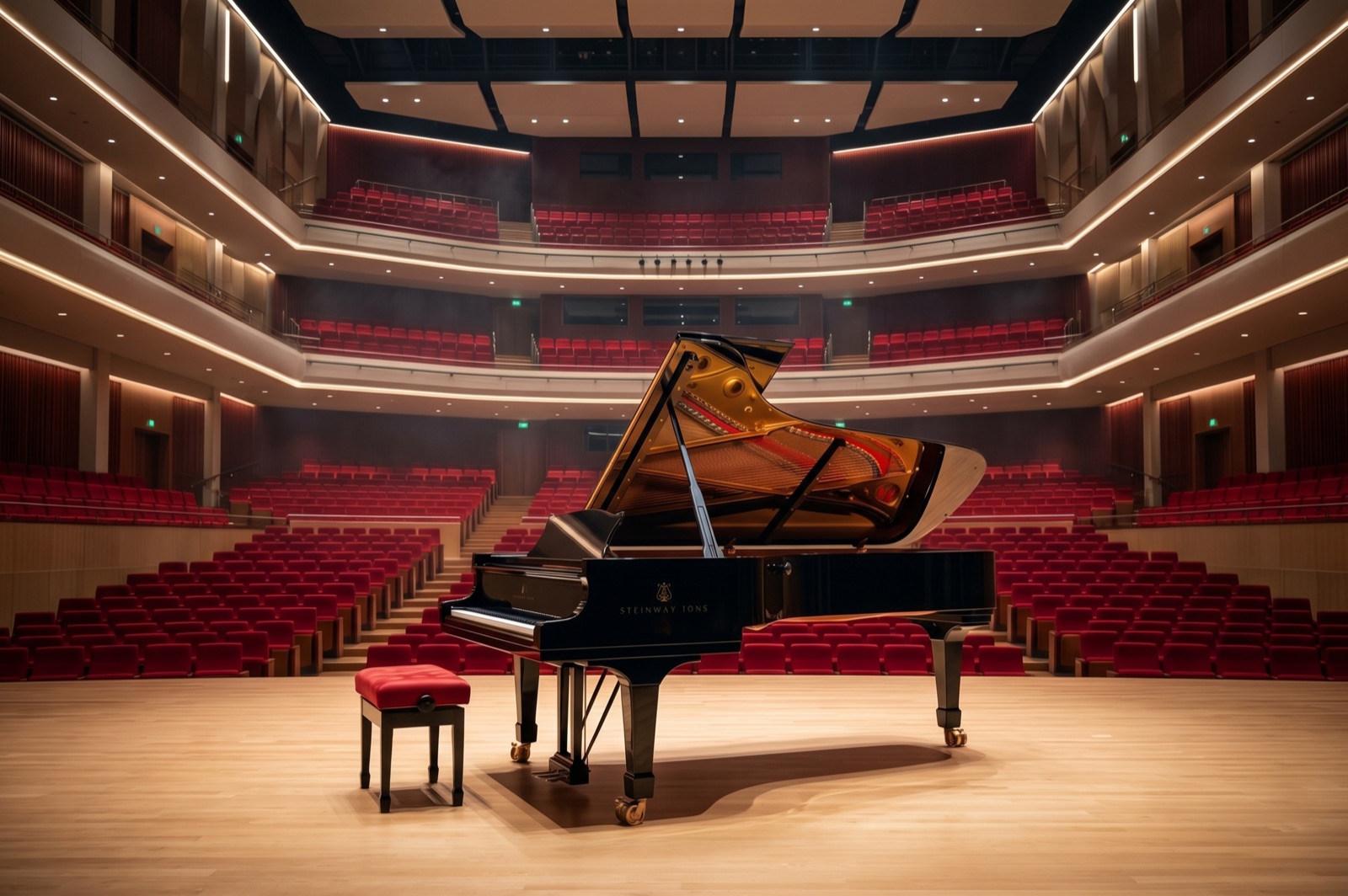 Pianoforte a coda in una sala da concerto
